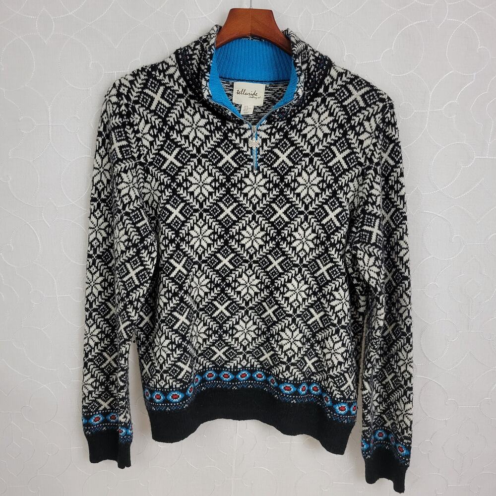 Telluride Sweater Girls XL Black White Lambswool Fair Isle Snowflake 1/4 Zip